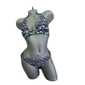 NWT SHOSHANNA P S bikini swimsuit mosaic with gunmetal rings 2 piece halter